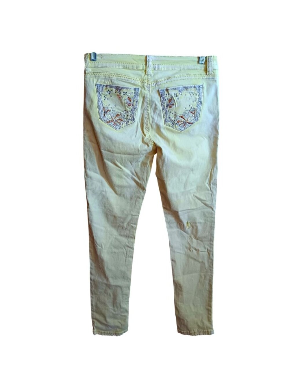 Southpole Womens Yellow Skinny Jeans 11 32x31 Floral Embroidery Rhinestones
